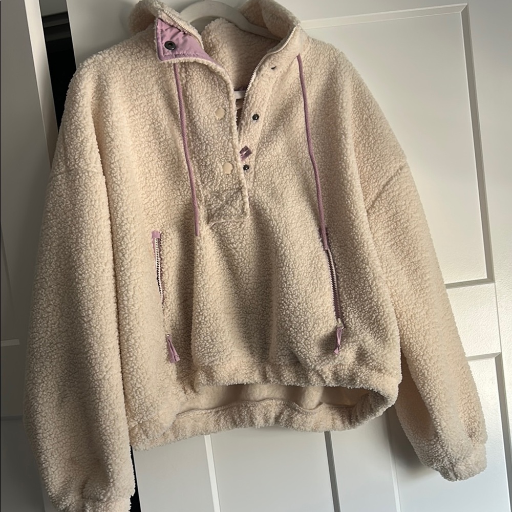 Cozy Cream Sherpa Pullover with Purple Accents